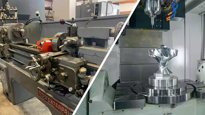 Modern 5-axis CNC machining center vs an old manual lathe
