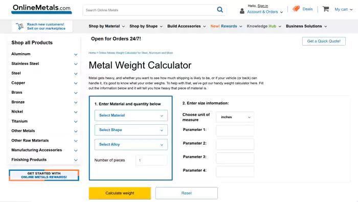 Online metal calculator interface
