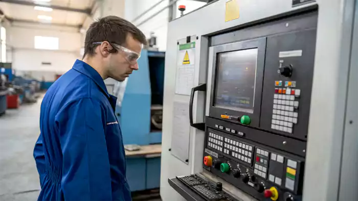 Engineer reviewing a CAD model next to a CNC machine