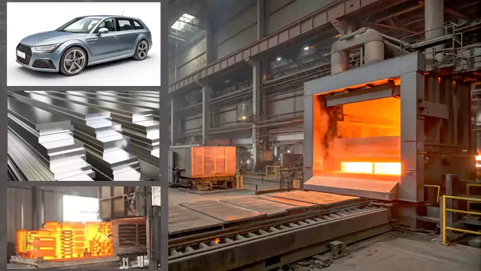 Collage of products that undergo annealing: car panels, wires, cans, tools