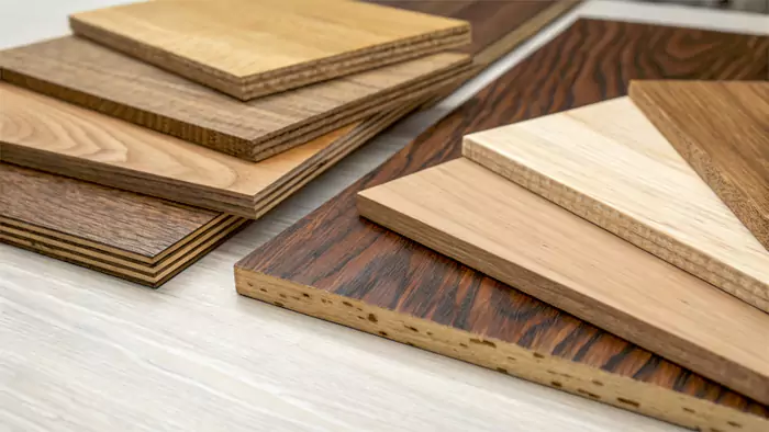 Different types of wood samples suitable for CNC machining: hardwood, softwood, MDF