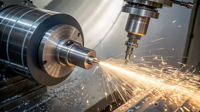 CNC machine spindle rotating with a cutting tool, showing motion blur