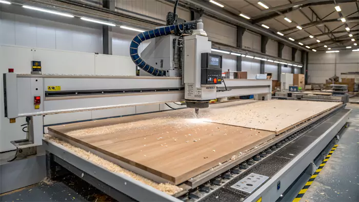 CNC machine with a large bed machining a sizable wooden panel