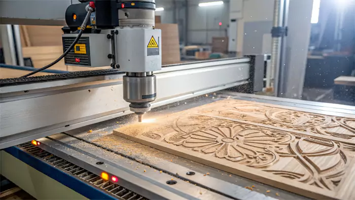 A CNC router precisely cutting a complex pattern into a piece of wood