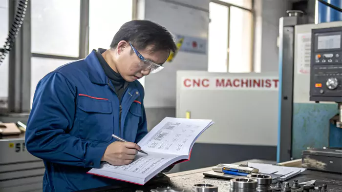 Machinist consulting a machining data handbook or tool catalog