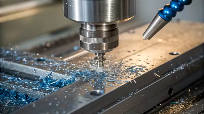 Close-up of a cutting tool edge engaging with a workpiece, showing chips forming