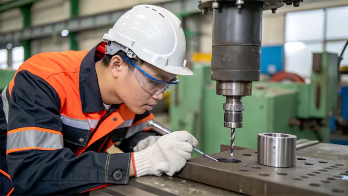 Engineer inspecting a piece of metal to determine its type before drilling