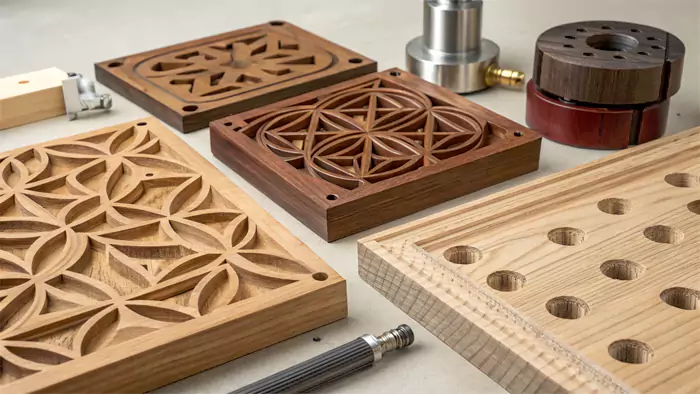 Various CNC machined wood parts showing different complexities and wood types