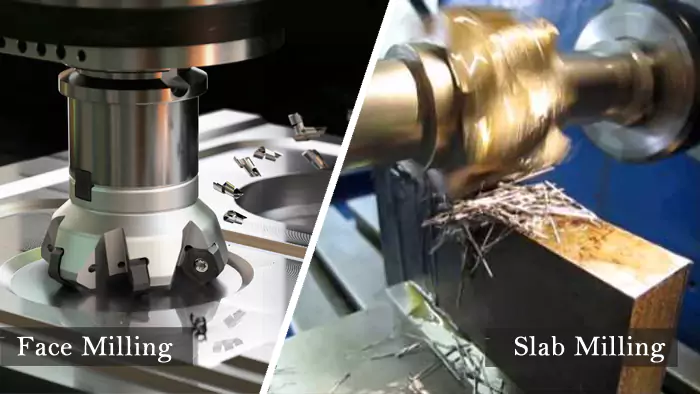 Image comparing a face milling setup (vertical spindle) with a slab milling setup (horizontal spindle)