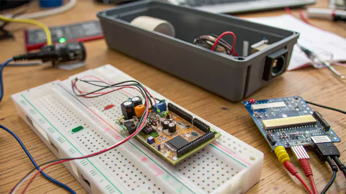 A somewhat rough but working prototype of an electronic gadget with exposed wires and components