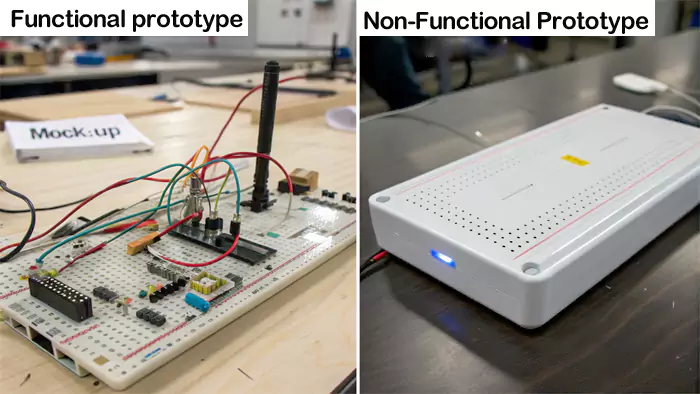 Side-by-side comparison: a working breadboard circuit (functional) vs. a sleek product casing mock-up (non-functional)