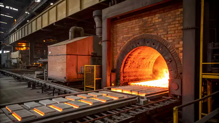 Industrial furnace with parts being loaded for heat treatment