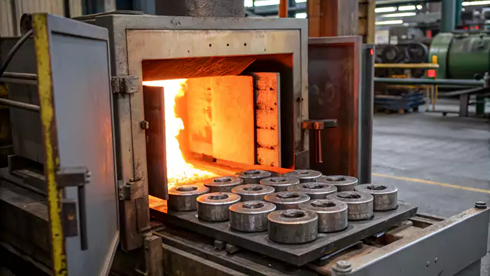 Metal parts being placed in a tempering oven