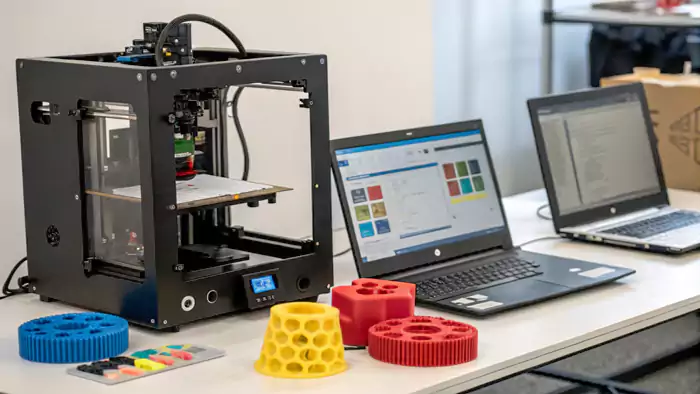 Abstract image of a CAD model transforming into a physical prototype