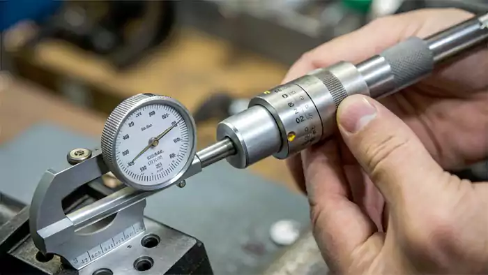 Technician measuring a shaft with a micrometer