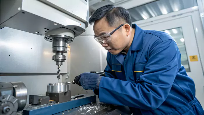 Machinist carefully setting up a workpiece and face mill on a CNC machine