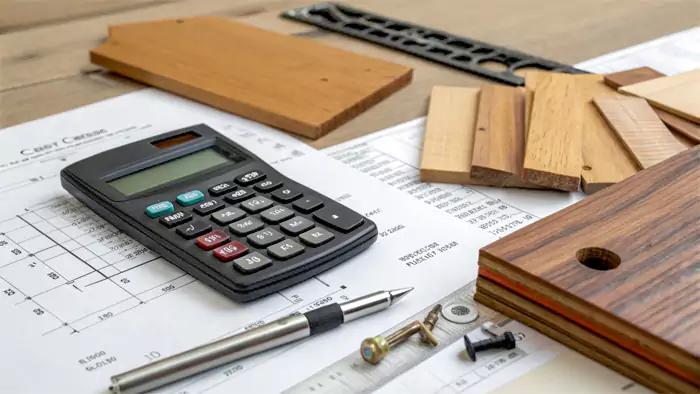 Calculator and wood samples with a CNC machined part, illustrating cost factors
