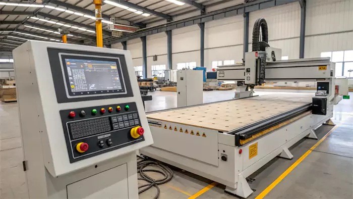 A large CNC wood router with a control panel displaying a digital design