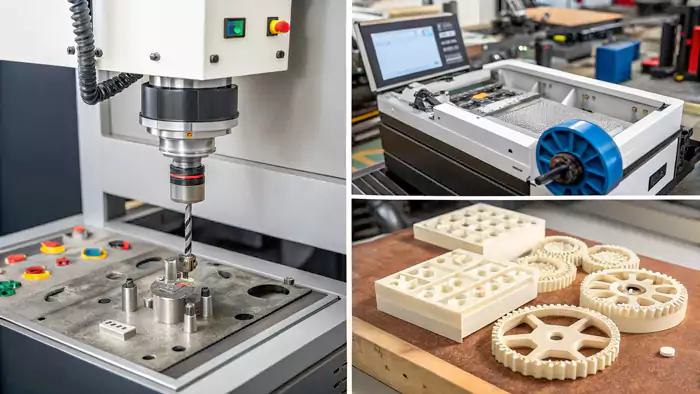 Montage of different rapid prototyping machines in action (SLA, SLS, FDM)