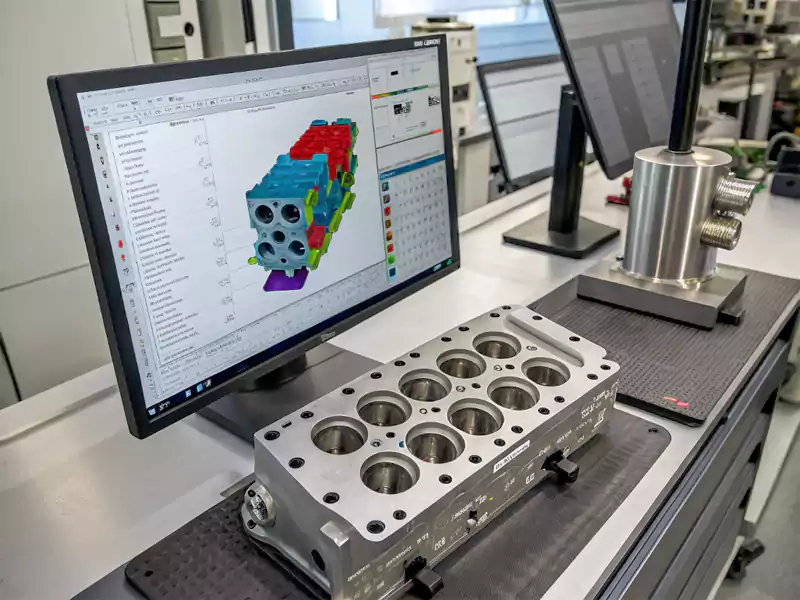 A digital CAD model of a ported cylinder head port next to the finished physical part