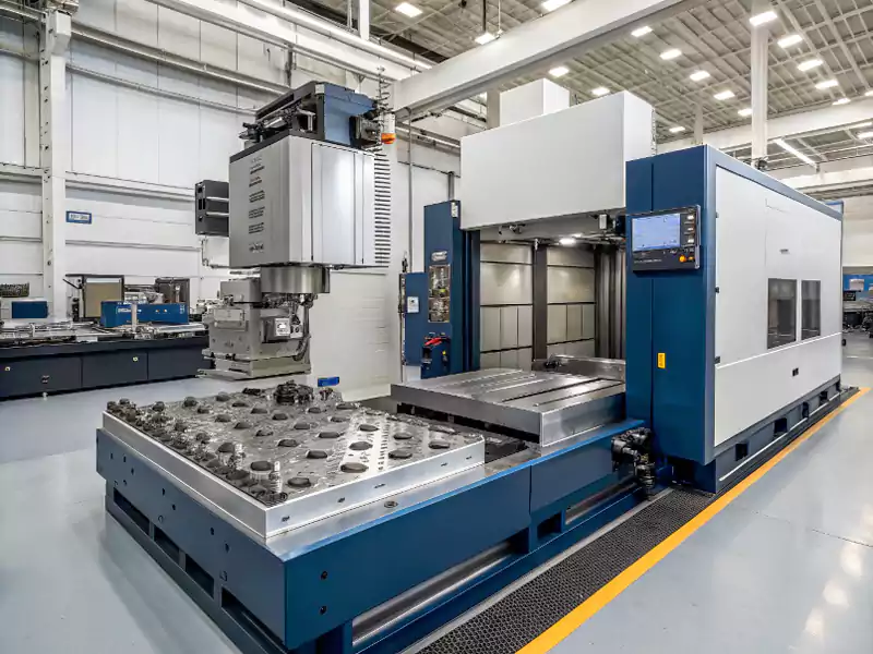 A CNC horizontal machining center with a large tombstone fixture holding multiple parts