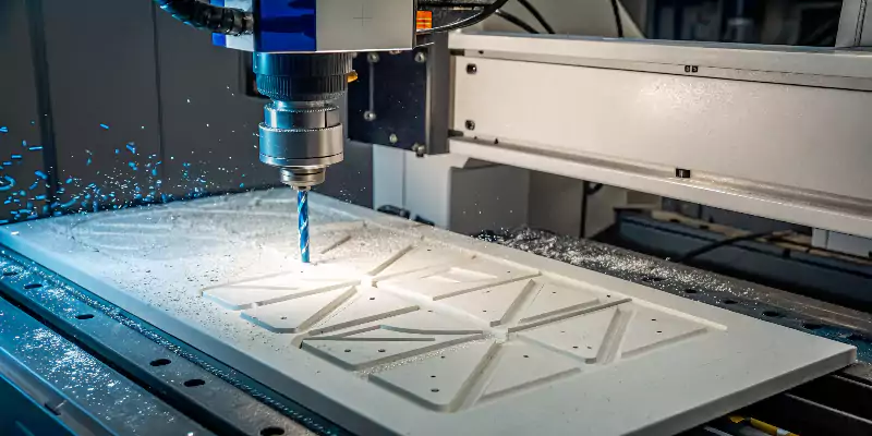A CNC machine precisely cutting a complex part from a sheet of white PVC plastic
