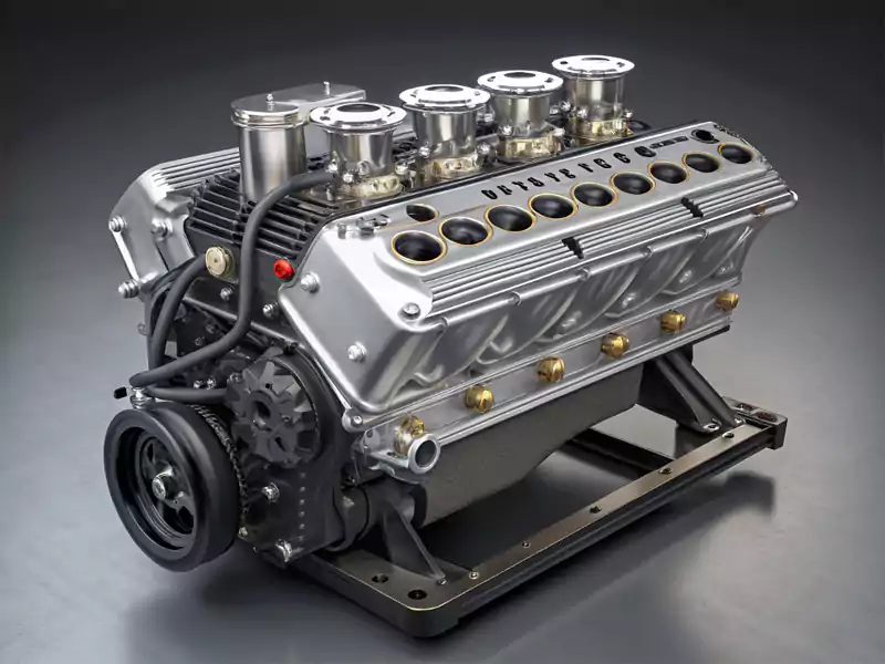 A high-performance automotive engine with visibly ported cylinder heads installed