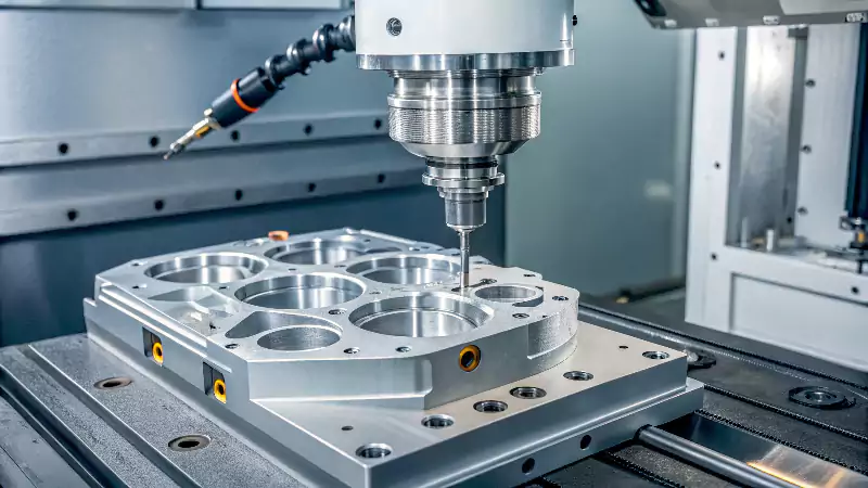 A modern CNC machining center with its tool changer visible, working on a complex aluminum part