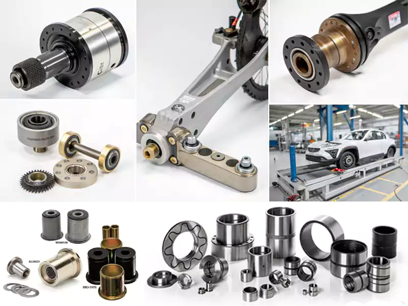 A collage of application images: automotive control arm, industrial robotic arm pivot, bicycle pedal