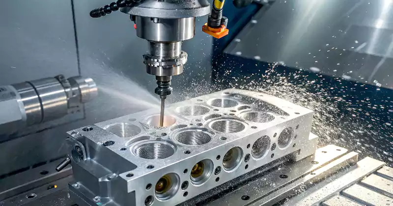 CNC machine precisely machining a complex automotive cylinder head
