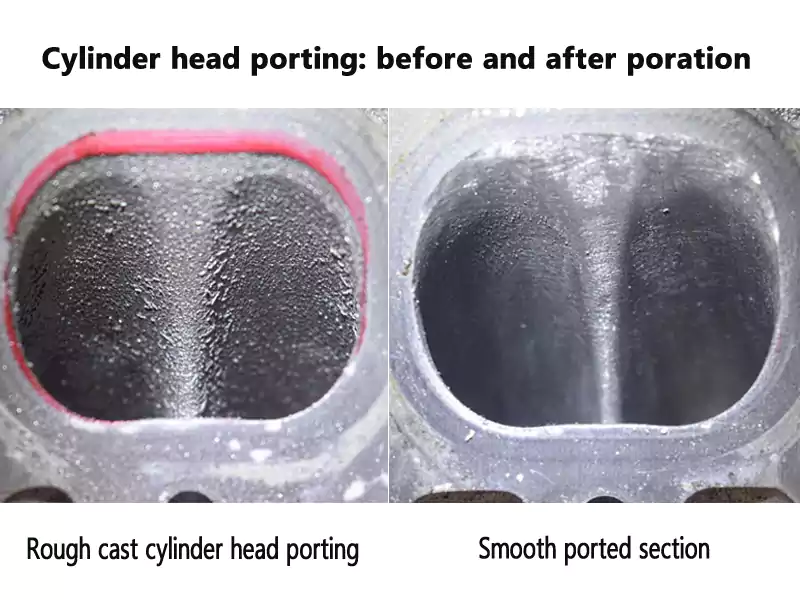 Cross-section view comparing a rough, as-cast cylinder head port with a smooth, ported one