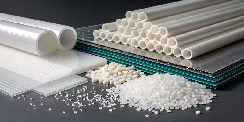 An image showing raw PVC plastic in different forms: pellets, sheets, and rods