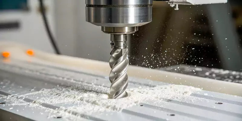 A close-up of a sharp end mill cutting cleanly through a PVC sheet on a CNC router