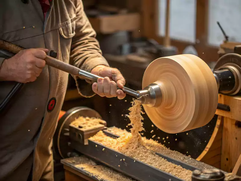 A woodturner at a lathe skillfully using a long-handled gouge to shape a wooden bowl