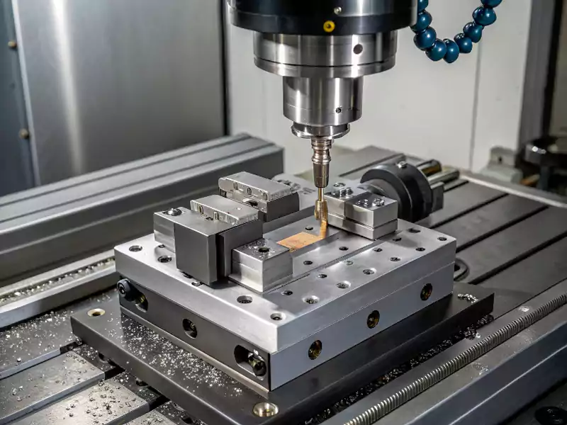 A perfectly finished, complex CNC machined part next to a diagram of its secure workholding fixture