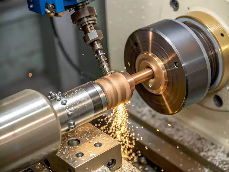 A CNC lathe precisely turning a bronze bushing from bar stock