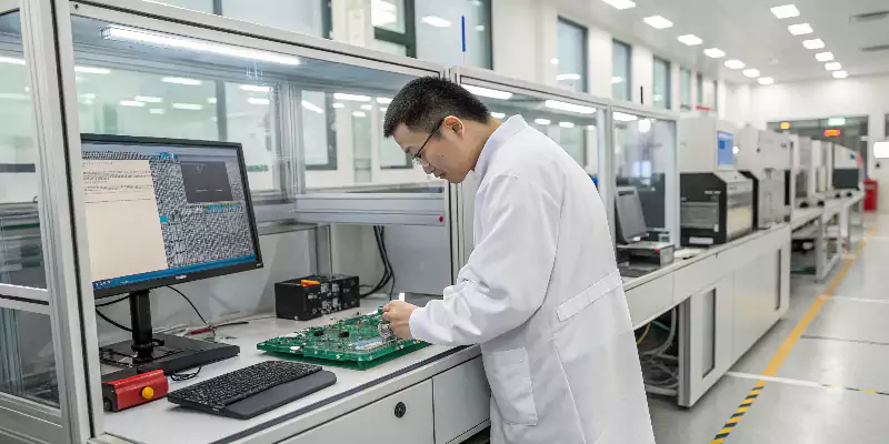 The Allied Metal lab with a high-end multi-material 3D printer for PCBs and an engineer inspecting a finished board
