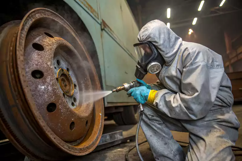 A worker in protective gear using a sandblasting gun to remove rust from a large metal part