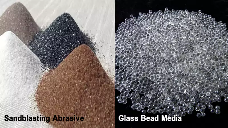 A split-screen image showing sharp sand abrasive on one side and round glass beads on the other