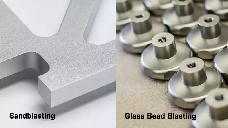 Close-up shots comparing the rough texture of a sandblasted surface to the smooth satin of a glass bead blasted surface