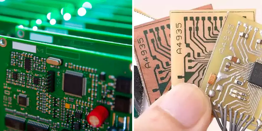 An image comparing a traditional green PCB with a new 3D printed circuit board