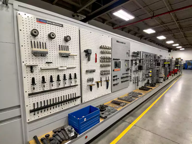An organized workshop wall showing different workholding devices: vises, chucks, various clamps