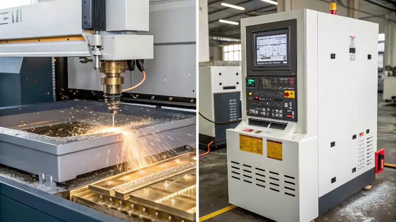 A split image showing a Wire EDM machine on the left and a Sinker EDM machine with a custom electrode on the right