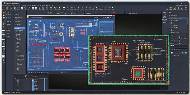 A computer screen showing a PCB layout in EDA software like Altium Designer
