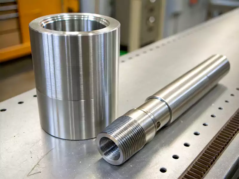 A CNC machined metal sleeve bushing next to a shaft it is designed for