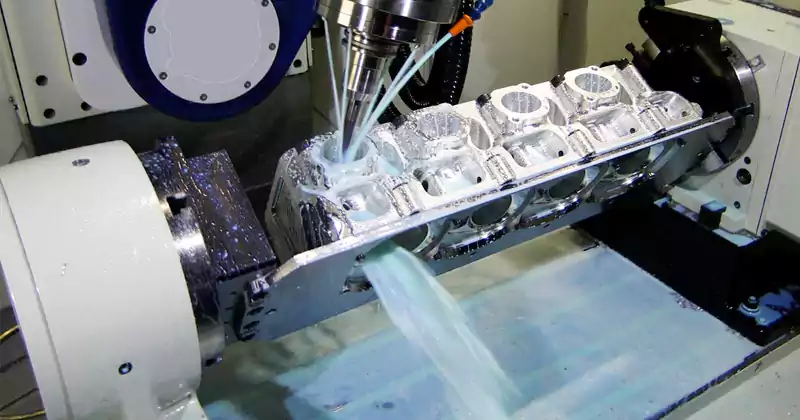 A 5-axis CNC machine precisely porting an engine cylinder head
