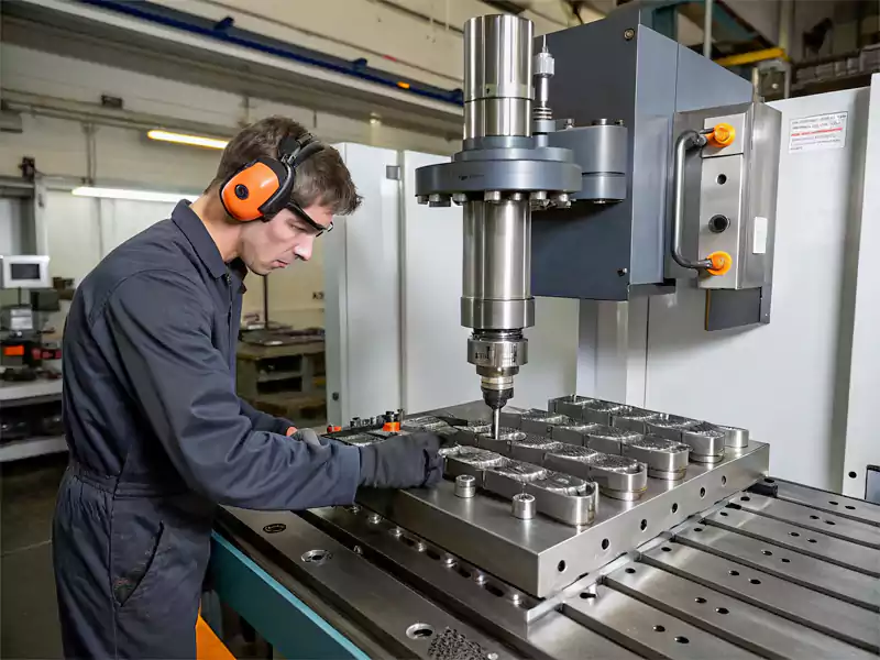 An operator using a leaf jig to quickly drill holes in multiple identical parts