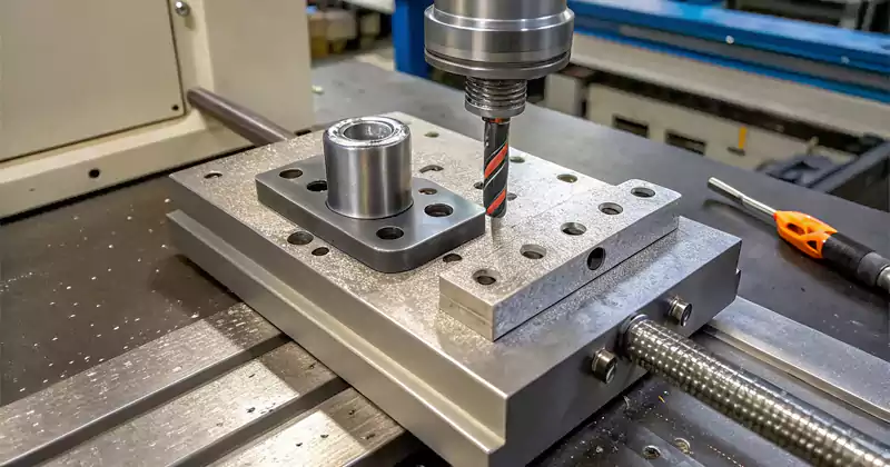 A custom jig holding a metal part with a drill bit guided by a bushing