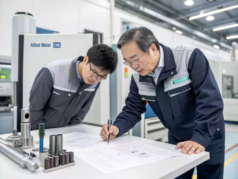 An engineer and a machinist collaborating over a technical drawing and a turning tool