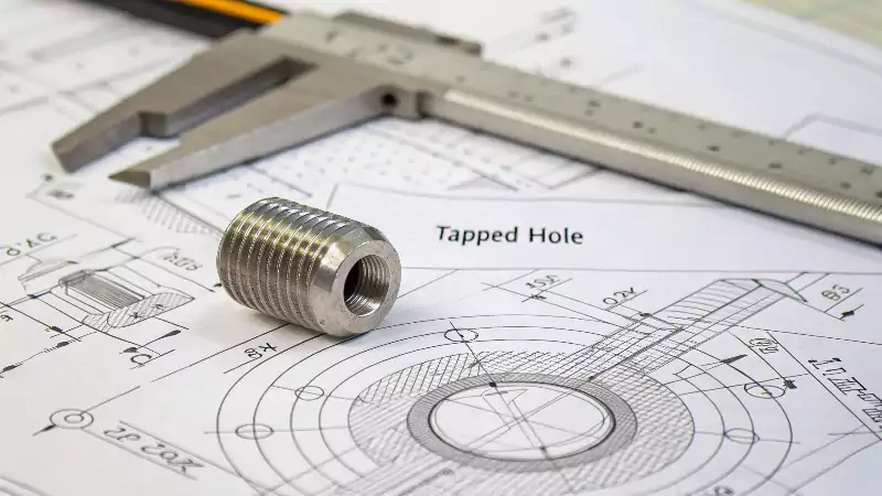 An engineering drawing with a callout specifying a tapped hole's thread size and depth
